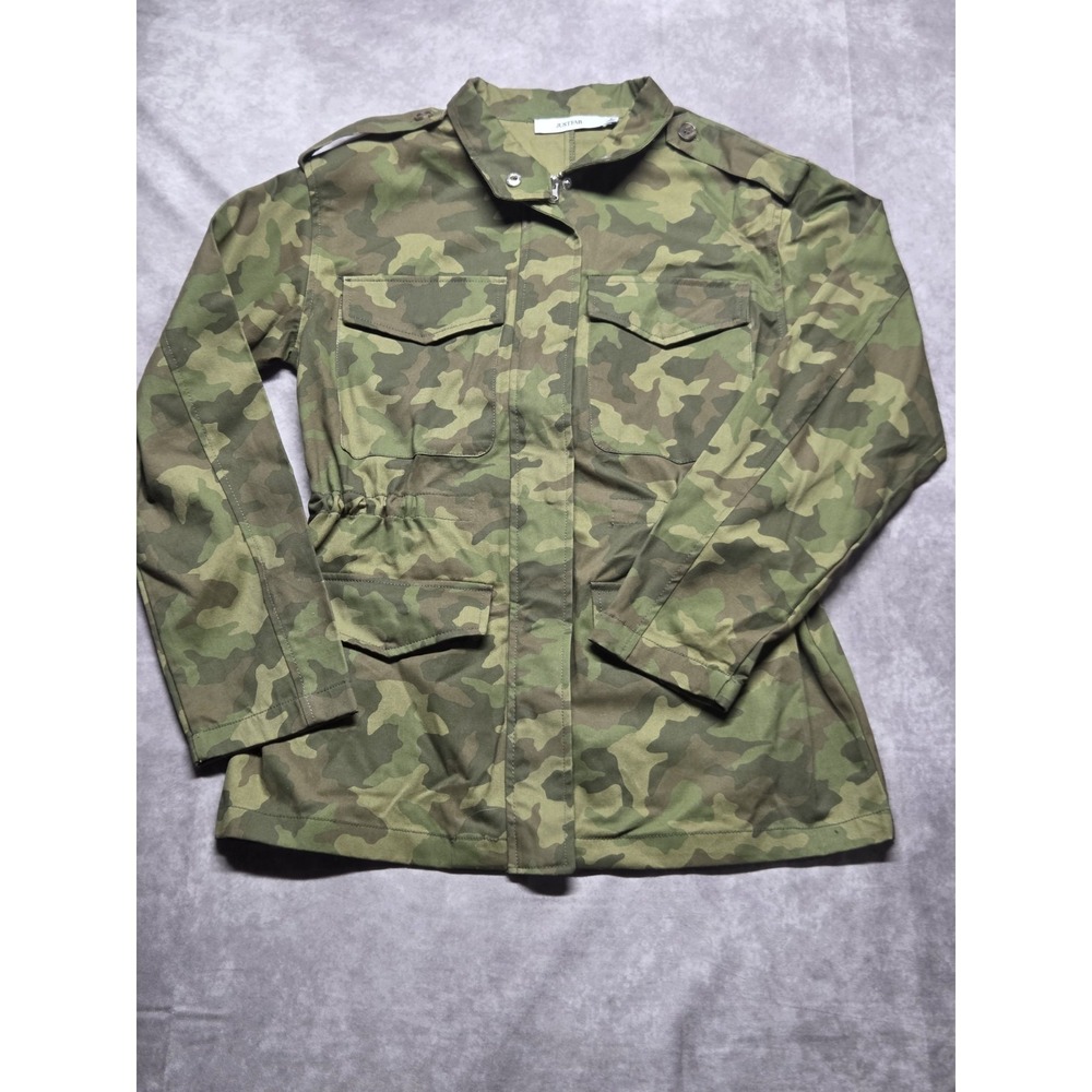 JustFab Cinched Camo Green Utility Jacket Sz Small Boho Lightweight Zip Pockets
